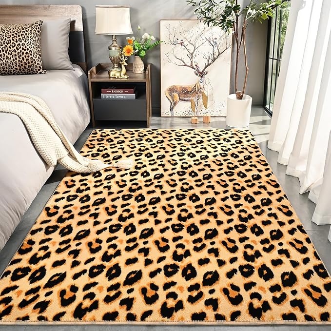 Amearea Soft Leopard Rugs for Bedroom Living Room, 3x5 Modern Cheetah Print Thickened Memory Foam Rug, Fluffy Indoor Washable Animal Rug Carpet for Kids Boys Girls Dorm Nursery Room Home Decor, Khaki