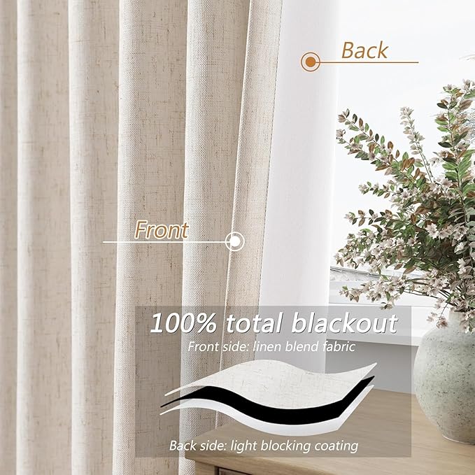 Guken 100% Blackout Curtains 54 Inch Length 2 Panels Set for Living Room Bedroom Back Tab Thermal Insulated Black Out Linen Drapes Room Darkening Window Curtains 54 Inches Long