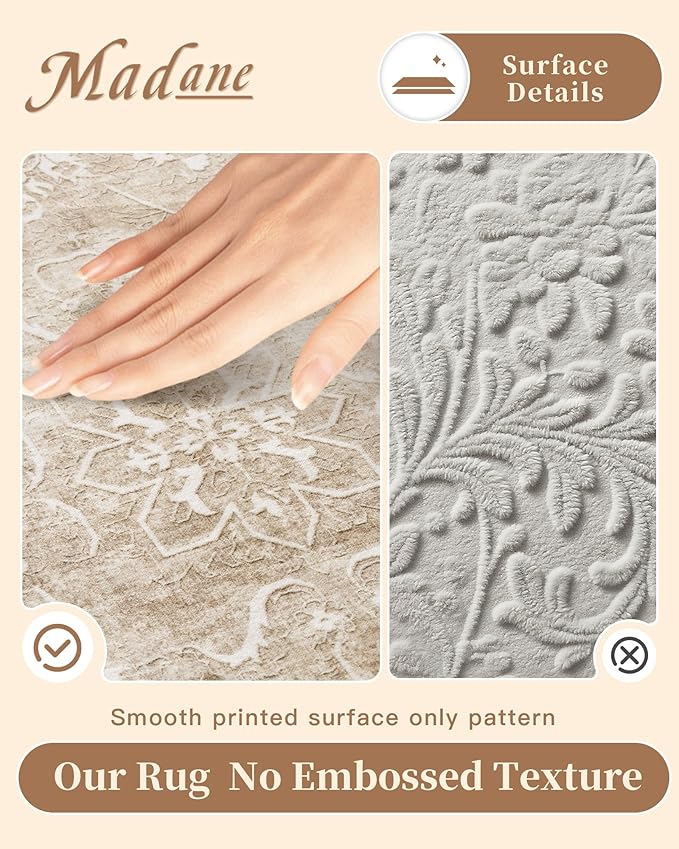 Madane Runner Rug 2x10 for Hallway, Kitchen Non-Slip Runner Rug with Rubber Backing, Vintage Soft Low Pile Throw Neutral Carpet Runner for Laundry Room Entryway Bathroom Bedroom (2 x 10, Beige/Brown)