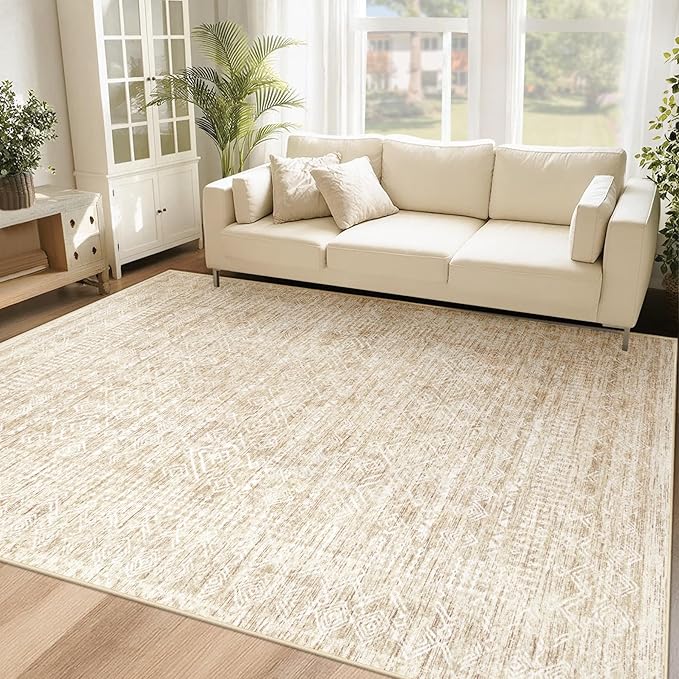 Washable Area Rug 5x7: Moroccan Rug for Living Room Geometric Boho Rug Farmhouse Non Slip Stain Resistant Rugs Low Pile Soft Carpet for Bedroom Dining Room Home Office Children Room (Beige,5'x7')
