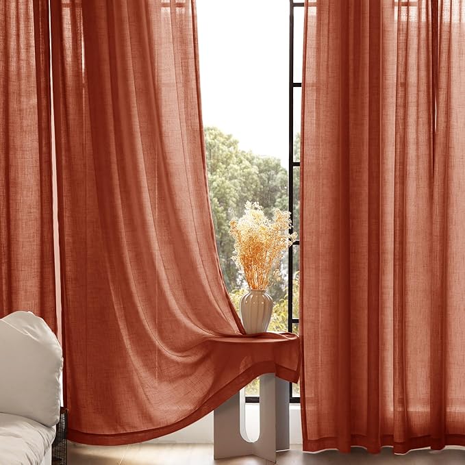 84 inch Linen Terracotta Curtains 2 Panels for Living Room Back Tab Light Filtering Semi Sheer Rust Colored Curtains 84 inches Long Soft Thick Cotton Cloth Textured Rustic Boho Farmhouse Room Decor