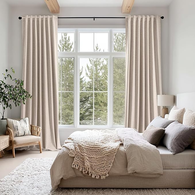 MIULEE 100% Blackout Linen Curtains for Bedroom, Beige Solid Luxury Decor Thermal Insulation Room Darkening Drapes for Living Room Nursery Back Tab Rod Pocket 42 x 84 Inches, 2 Panels