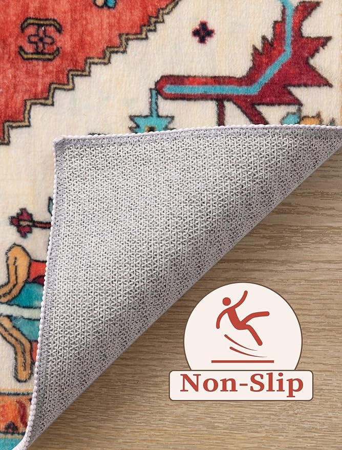SERISSA Runner Rug for Hallways, 2'6"x12' Washable Non Slip Kitchen Runner Rug, Extra Long Boho Rug Ultra Soft Vintage Orange Print Floor Carpet for Bedroom Hallway Entryway Bathroom Laundry Room