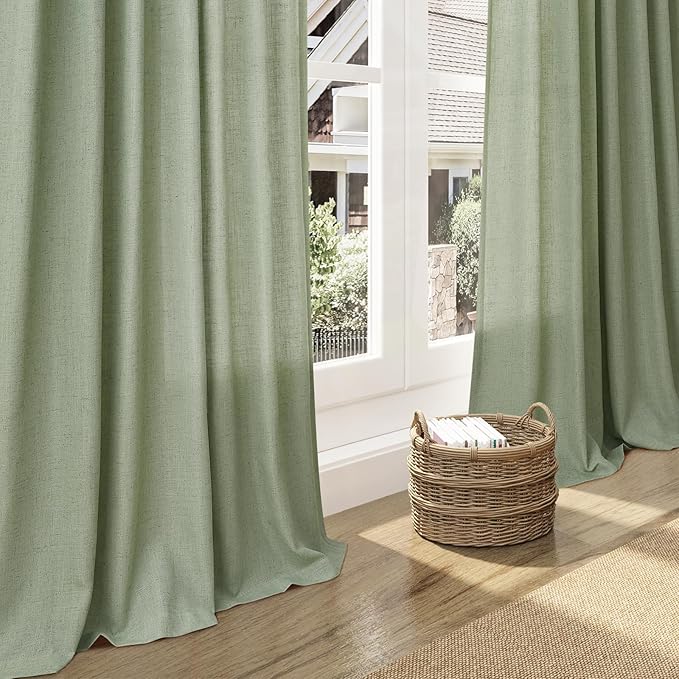 Sheer Light Sage Linen Curtains 102 Inches Long Rod Pocket Back Tab Drapes 2 Panels Set for Living Room Light Filtering Semi Sheer Pale Green Curtain 102 Length for Patio Sliding Glass Door 52x102