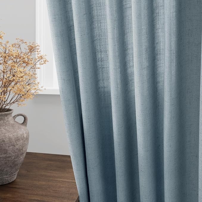 Nanspring Light Blue Linen Curtains 102 Inches Long Rod Pocket Back Tab Drapes 2 Panels Set for Living Room Bedroom Light Filtering Semi Sheer Light Blue Curtain 102 Length for Patio Door 52x102