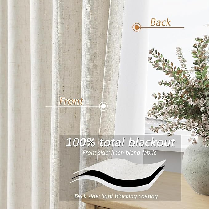 Guken 100% Blackout Cream Linen Curtains 52 Inch Wide by124 Inch 2 Panels Set for Living Room Bedroom Back Tab Thermal Insulated Black Out Linen Drapes Room Darkening Window Curtains