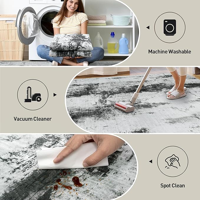4x6 Area Rugs Washable Rug: Modern Abstract Living Room Rug Soft Anti-Skid Thin Carpet Indoor Floor Non-Shedding Carpets for Bedroom Dining Room Farmhouse Nursery Home Office Black White Grey