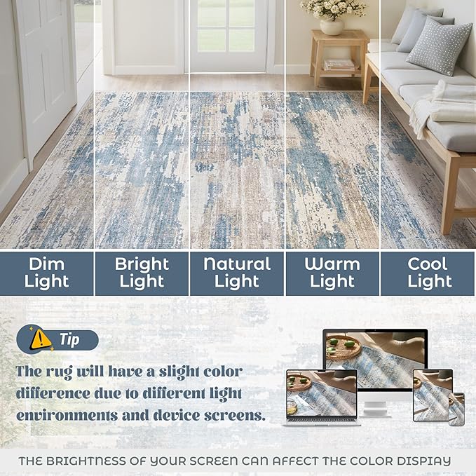 5x7 Area Rugs for Living Room, Washable Modern Abstract Large Area Rug Neutral Soft Non Slip Kids Rug Stain Resistant Indoor Carpet for Bedroom Nursery Dining Room Playroom(BlueBeige, 5'x7')