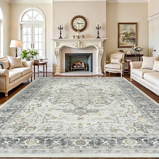 Lofus 9x12 Area Rugs for Living Room, Machine Washable Non-Slip Area Rug, Low Pile Large Rugs for Bedroom, Kitchen, Dining Room, Home Office, Vintage Oriental Print Rug, Taupe Grey