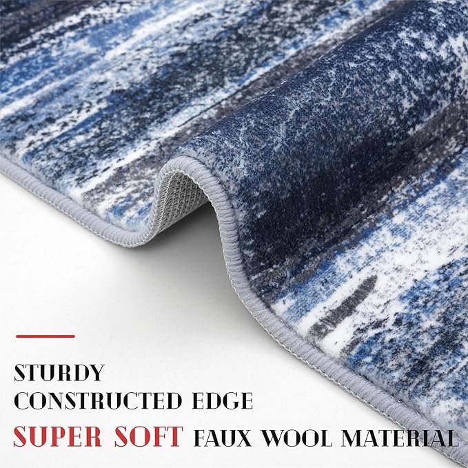 Lansny Modern Abstract Hallway Runner Rug, Navy Blue Washable Kitchen Runner Non-Slip Soft 2x8 Runner Rug Thin Print Faux Wool Carpet for Entryway Bedroom Laundry Room Indoor