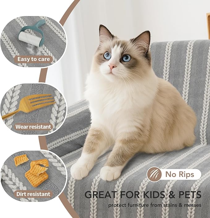 Couch Cover for Dogs, Boho Sofa Covers for 3 Cushion Couch, Chenille Sofa Slipcover for Pets Washable, L-Shape Sectional Loveseat Cover Soft Throw Blankets with Tassels(91x134,Striped Grey)
