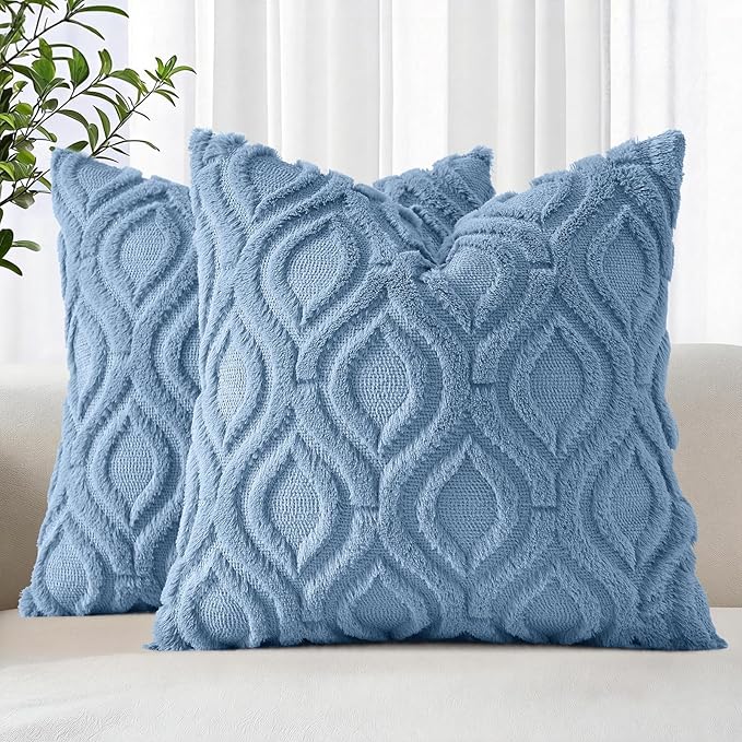 decorUhome Throw Pillow Covers 20x20 Inch Set of 2, Soft Plush Faux Wool Blue Solid Couch Pillow Covers, Accent Farmhouse Neutral Square Pillow Cases for Sofa Bed Living Room