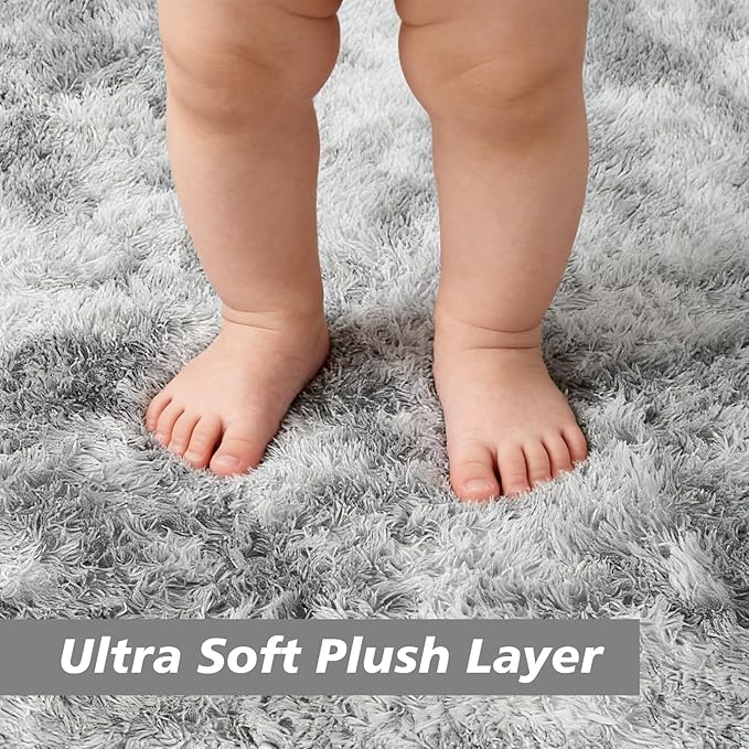 Ultra Soft Fluffy Area Rugs for Bedroom Living Room 10x14, Nursery Rug, Non-Slip Carpet for Kids Dorms Decor, Shaggy Bedside Rug, Tie-Dyed Light Grey