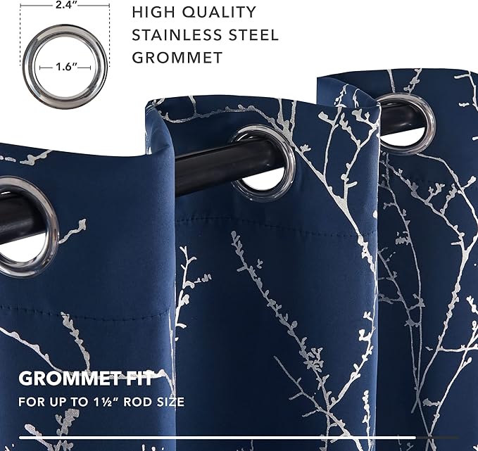 Deconovo Blackout Curtains, Navy Blue Curtain, Thermal Insulated Soundproof Drapes, Branch Silver Print, 42 x 63 Inch Long, Machine Washable Grommet Panels for Bedroom Living Room Office, Set of 2