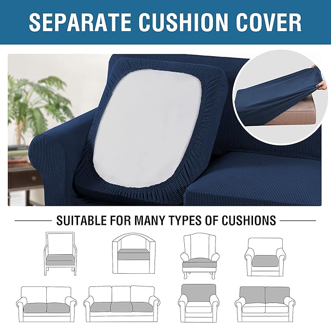 H.VERSAILTEX 4 Piece Stretch Sofa Covers for 3 Cushion Couch Covers for Living Room Furniture Slipcovers (Base Cover Plus 3 Seat Cushion Covers) Upgraded Thicker Jacquard Fabric (Sofa, Navy)