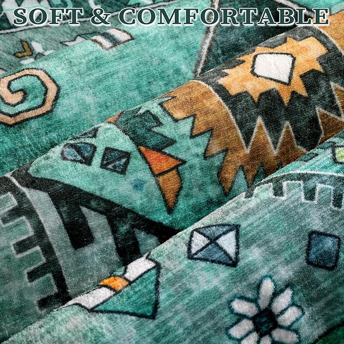 SERISSA Area Rug 3x5 Boho Teal Rugs for Bedroom, Washable Kitchen Rugs Non-Slip, Ultra Soft Print Distressed Tribal Entry Rug Low-Pile Throw Rug Carpet for Bedroom Nursery Living Room Dorm Decor