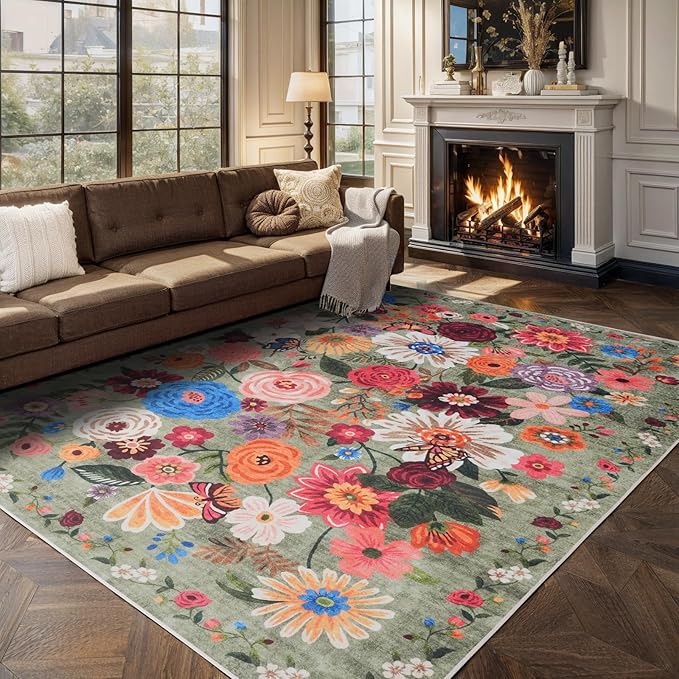 Green Living Room Rugs, Area Rugs 5x7 Rug for Bedroom Ultra-Thin Soft, Non-Slip Washable Rugs Stain Resistant Boho Rug Low-Pile Throw Rug for ‎Dining Room Office (5 x 7, Green Garden)