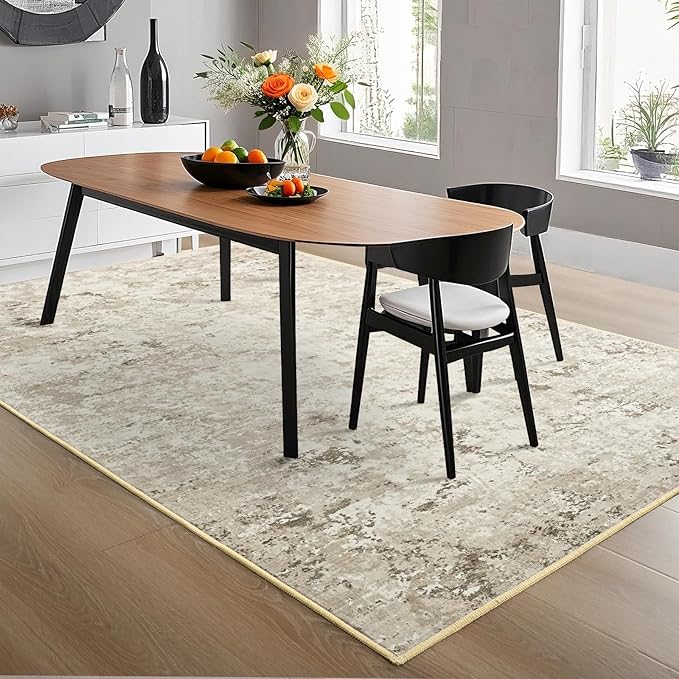 Toneed Abstract Area Rug Modern Washable Rug Soft Non Slip Rug Low Pile for Bedroom Living Room Dining Room Beige 6x9 Feet
