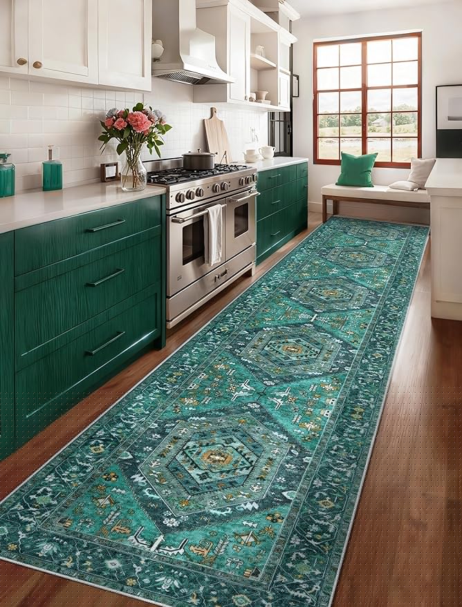 SERISSA Runner Rug for Hallways, 2'6"x14' Washable Non Slip Kitchen Runner Rug, Extra Long Boho Rug Ultra Soft Vintage Teal Print Floor Carpet for Bedroom Hallway Entryway Bathroom Laundry Room