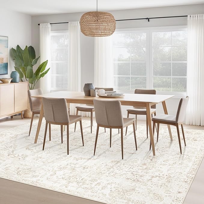 10x14 Area Rugs for Living Room: Washable Rug Vintage Large Rugs Soft Non Slip Low Pile Rug Floral Distressed Floor Carpet for Bedroom Nursery Dining Room Home Office (Beige,10'x14')