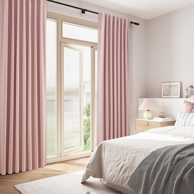 Guken Pink 100% Blackout Linen Curtains 120 Inch 2 Panels Set for Girl's Bedroom, Living Room, Nursery, Back Tab/Rod Pocket Thermal Insulated Black Out Drapes Farmhouse for Bedroom Window Curtains