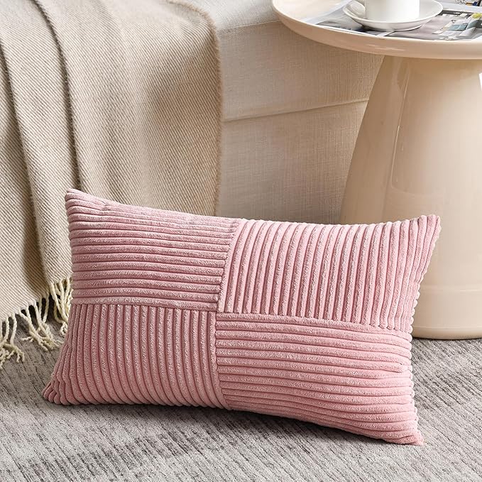 Fancy Homi 2 Packs Blush Pink Lumbar Decorative Throw Pillow Covers 16x28 Inch for Living Room Couch Bed, Rustic Farmhouse Boho Home Decor, Soft Striped Corduroy Rectangle Accent Cushion Case 40x70 cm