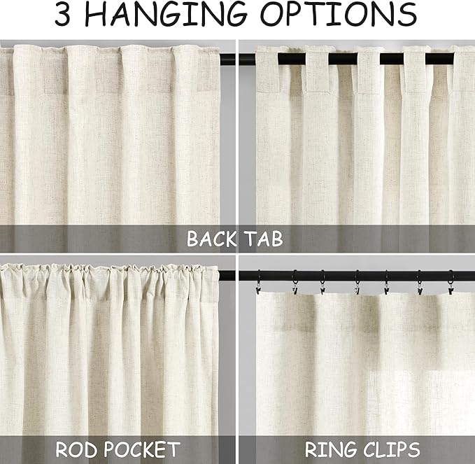 Extra Long Warm Beige Linen Curtains 120 Inch for Living Room 2 Panels Set Rod Pocket Back Tab Light Filtering Semi Sheer Linen Window Drapes Privacy High Ceiling Drapes for Farmhouse 52x120