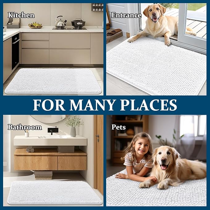 OLANLY Dog Door Mat for Muddy Paws 40x24, Absorbs Moisture and Dirt, Absorbent Non-Slip Washable Doormat, Quick Dry Chenille Mud Mat for Dogs, Entry Indoor Entryway Carpet for Inside Floor, White