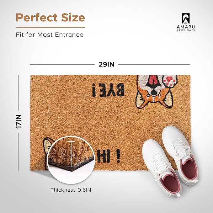 Hi-Bye Dog - 17"x29" - Coir Door Mat with Heavy Duty Backing - Welcome Mats for Entryway, Porch - Anti-Slip PVC & Coconut Fiber Surface - Natural Home Accessories, Minimalist Original Design