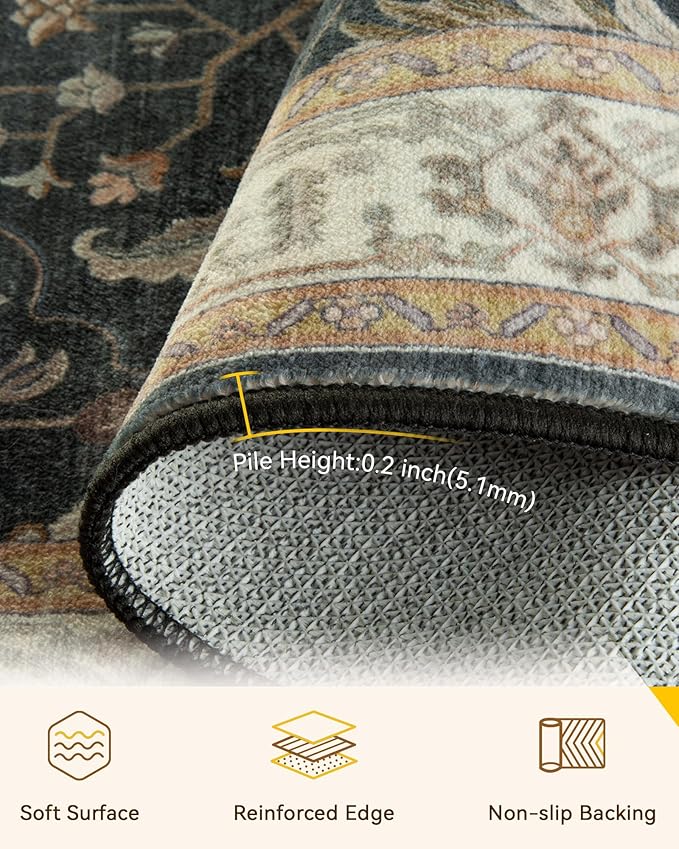 Area Rugs 4'x6' Washable Non-Slip, Floral Vintage Distress Print Pattern Medallion Carpet for Living Room Bedroom Dining Room, Vintage Black Brown Neutral