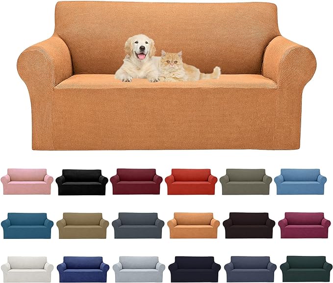 Cupuamon 2026 New Stretch Loveseat Sofa Slipcovers Couch Cover for 2 Cushion Furniture Protector Sofa Covers with Elastic Bottom Jacquard Fabric Small Checks for Pets, Kids - Golden