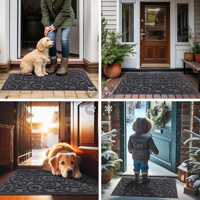 Smiry Welcome Door Mat Outside Entrance, Heavy Duty Trap Dirt and Moisture Easy Clean Low Profile Patio Porch Indoor Outdoor Front Doormat for Entry, 47x32 Inch, Grey
