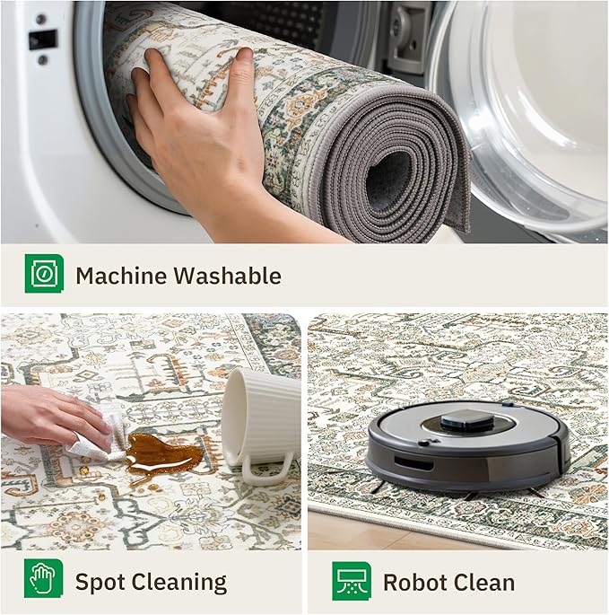 Hallway Washable Runner Rug 2x10 - Non Slip Vintage Kitchen Runner Rugs for Entryway Low-Pile Waterproof Long Runners for Living Room Bedroom Medallion Indoor Floor Mat for Bathroom Laundry Green