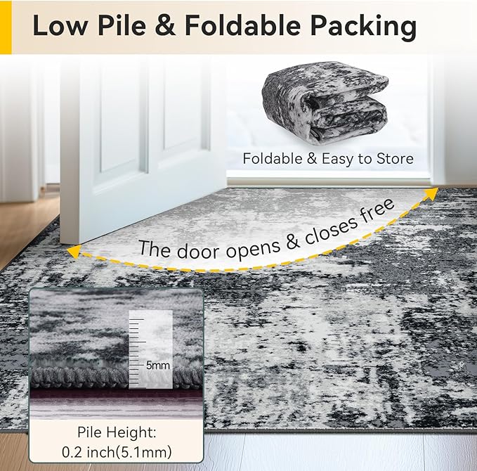 Washable Area Rugs Square 6ft Non-Slip Modern Abstract Soft for Living Room Entryway Bedroom Nursery, Print Pattern, Black Navy Blue Gray