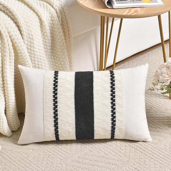 Fancy Homi Set of 1 Boho Black Long Lumbar Decorative Throw Pillow Cover 12x24 Inch for Couch Bed Sofa Chair, Modern Organic Farmhouse Home Decor, Soft Cotton Cute Accent Rectangle Cushion Case