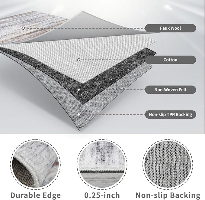 2x5 Washable Runner Rug for Family: Easy-to-Clean Runners for Hallway Entryway Bedroom - Stain and Water Resistant Rugs with Non-Slip Backing - Soft Low-Pile Carpet Beige Grey