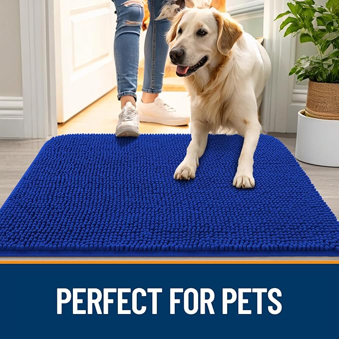 OLANLY Dog Door Mat for Muddy Paws 54x32, Absorbs Moisture and Dirt, Absorbent Non-Slip Washable Doormat, Quick Dry Chenille Mud Mat for Dogs, Entry Indoor Entryway Carpet for Inside Floor, Royal Blue