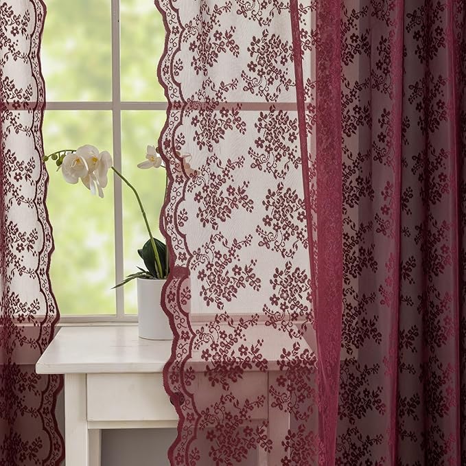 YJ YANJUN Vintage Lace Curtains 54 Inch Length-Victorian Floral Pattern Red Burgundy Short Sheer Curtain Panels for Kitchen Garage, Embroidery Light Filtering, Christmas Drapes 2 Panels 52W x 54L