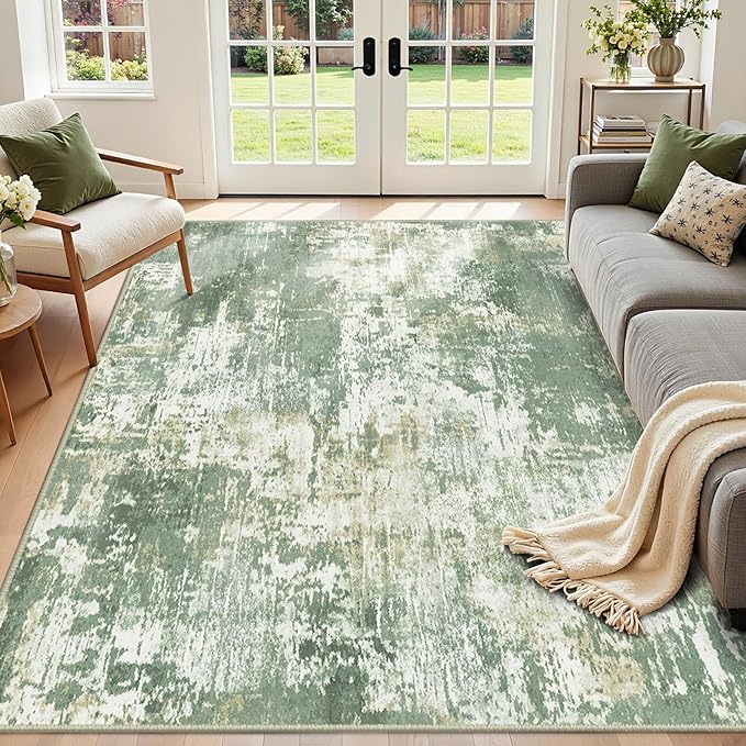Washable Area Rugs 4'x6' Non-Slip Modern Abstract Soft for Living Room Entryway Bedroom Nursery, Print Pattern, Light Green/Yellow