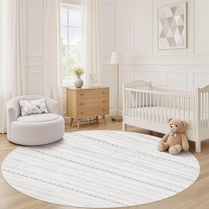 Nakagishi Round Rug Boho Area Rugs: 6x6 Washable Large Circle Neutral Soft Stain Resistant Non-Slip Carpet for Women Aged 25-45 Farmhouse Decor Enthusiasts - Living Room Bedroom Dining Room Nursery