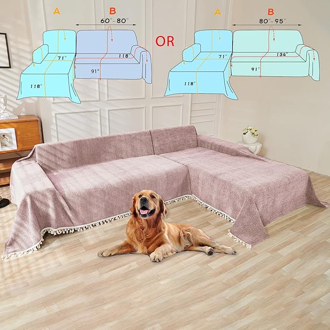 HANDONTIME Soild Couch Covers for Dogs Pink-Purple Sofa Covers Boho Cover for Sofa 3 Seats Chenille Sofa Throw Cover Mauve Sofa Covers for 3 Cushion Couch Tassel, Washable, Pet Friendly, 91" X134"