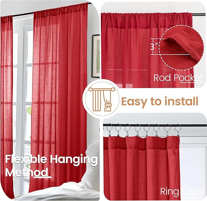 BGment Red Linen Curtains 72 Inches Long for Living Room, Semi Sheer Drapes with Rod Pocket Light Filtering for Bedroom Dining Lightweight, 2 Panels Set, Each 52 Inch Wide