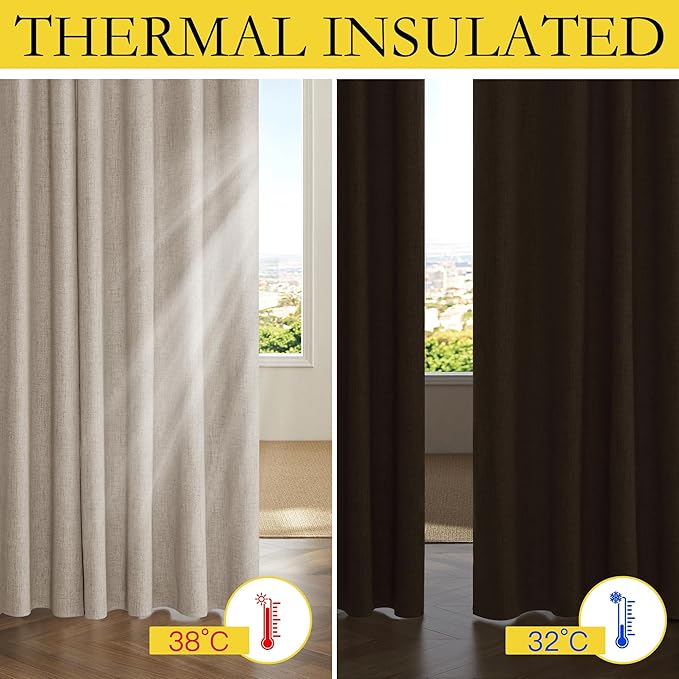 NICETOWN Full Blackout Oatmeal Linen Curtains 102" Length with Thermal Insulated Liners for Living Room, 2 Panels, 52 inches W, Farmhouse Style Keep Warm Large Window Draperies for Hall