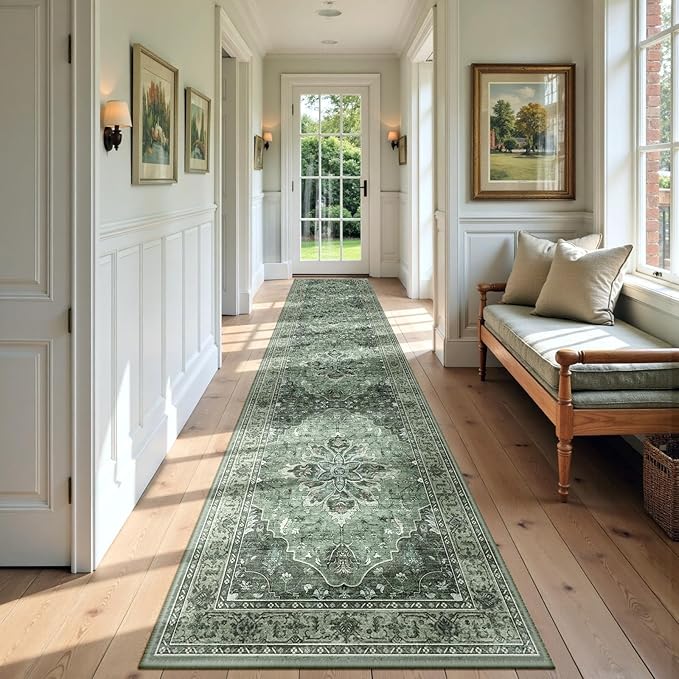 Area Rugs 3'x12' Runner Rug Non Slip Washable for Kitchen Hallway Bedroom Beside Laundry Room Bathroom Rug, Floor Carpet, Dark Green Gray