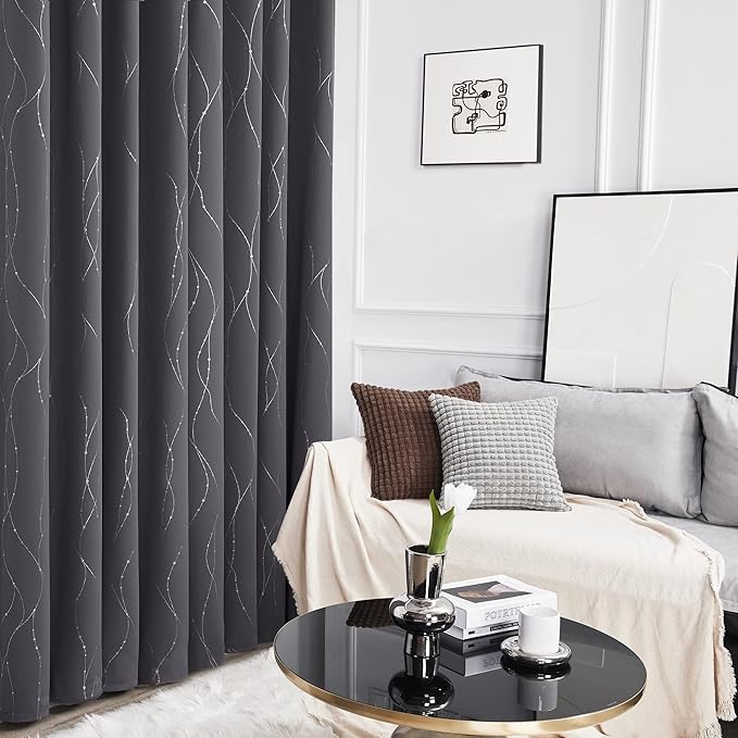 Deconovo Grey Blackout Curtains for Bedroom, Thermal Insulated Soundproof Drapes, Wave Dots Foil Print, 38 x 84 Inches Long, 2 Panels, Machine‑Washable Privacy Window Panel for Living Room Patio Door