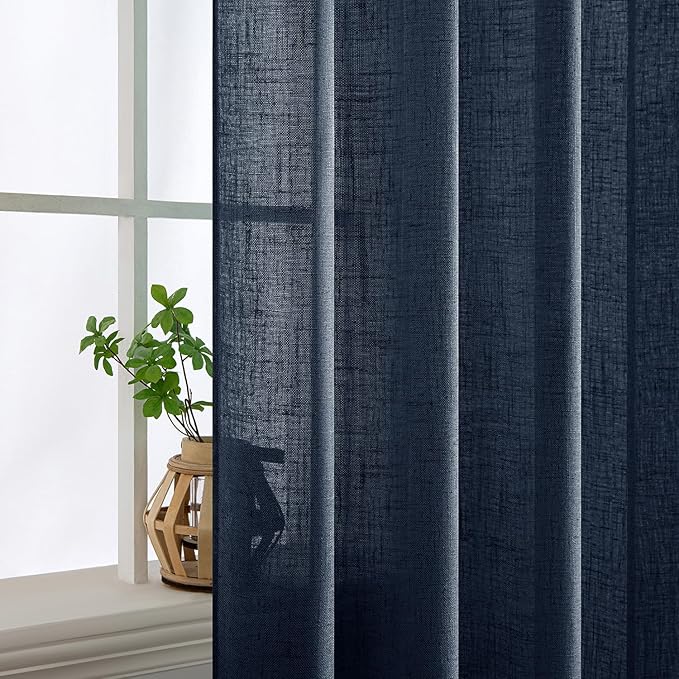 MIULEE Navy Blue Linen Curtains 63 Inch Length 2 Panels for Bedroom Living Room, Soft Thick Linen Textured Natural Kitchen Window Drapes Semi Sheer Light Filtering Back Tab Rod Pocket Burlap Look