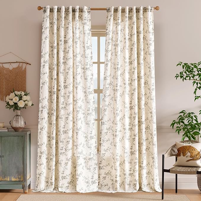 Lazzzy Farmhouse Linen Curtains Extra Long Gray Floral Curtains 108 Inch Long Back Tab Drapes for Living Room Bedroom Light Filtering Country Vintage Rod Pocket, 2 Panels, Grey on Beige