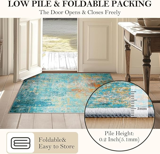 Washable Area Rugs 2'x6' Non-Slip Modern Abstract Soft for Living Room Entryway Bedroom Nursery, Print Pattern, Teal Blue Green Orange Rust Red Coloreful