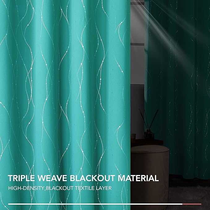 Deconovo Blackout Curtains, Thermal Insulated Soundproof Grommet Drapes, Wave Dots Silver Print, 52 x 54 Inch, Set of 2, Machine Washable Panels for Kitchen Bedroom Living Room Nursery, Turquoise