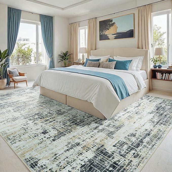 10x12 Area Rugs for Living Room Washable Rug: Anti-Skid Abstract Modern Living Room Rug Soft Thin Carpets Indoor Floor Non-Shedding Carpet for Bedroom Dining Farmhouse Nursery Black Gray Gold
